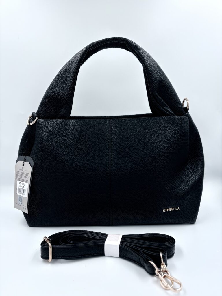 Czarna elegancka torebka damska z krótkimi uchwytami i regulowanym paskiem – J&S Bags