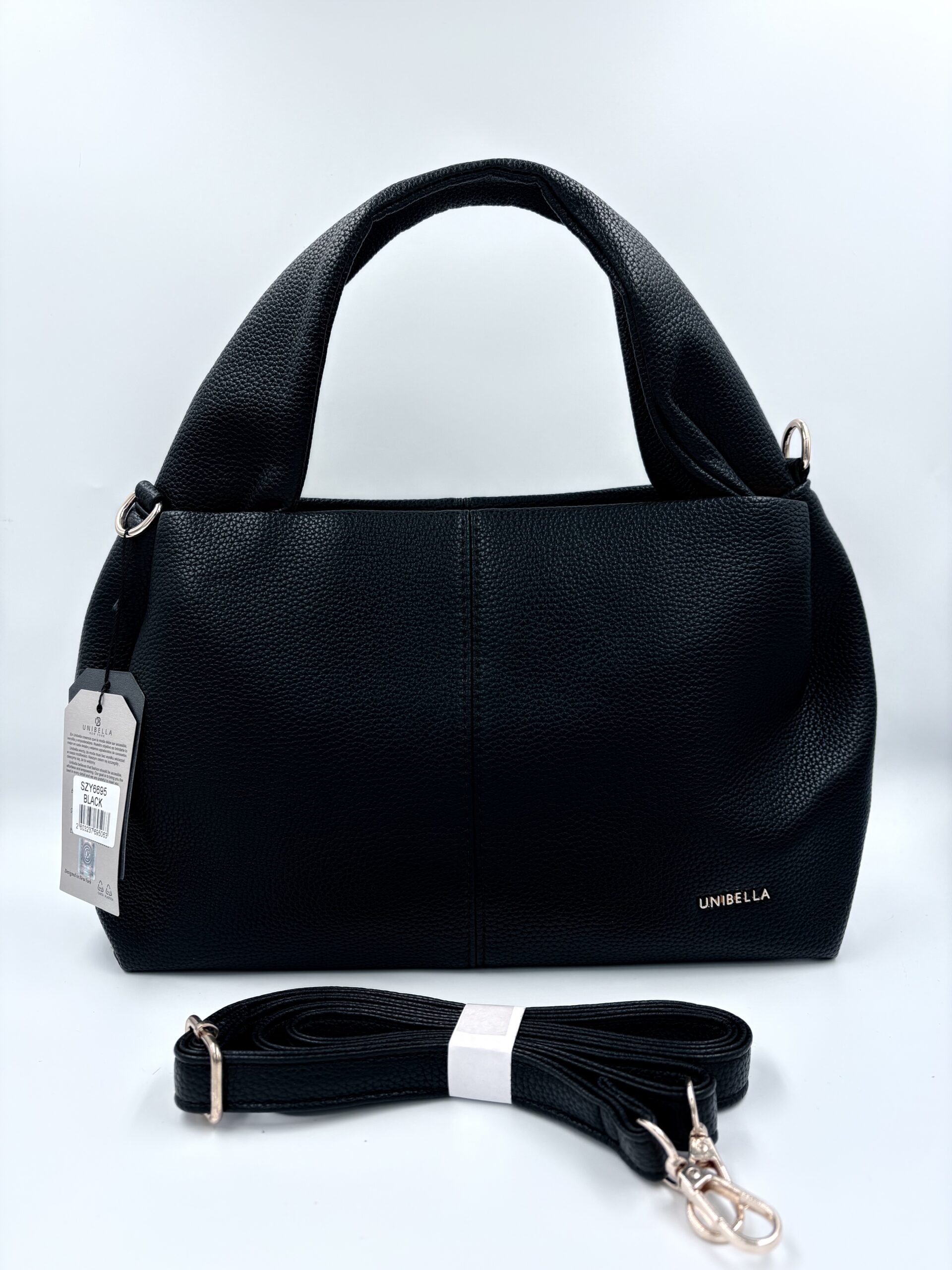 Czarna elegancka torebka damska z krótkimi uchwytami i regulowanym paskiem – J&S Bags
